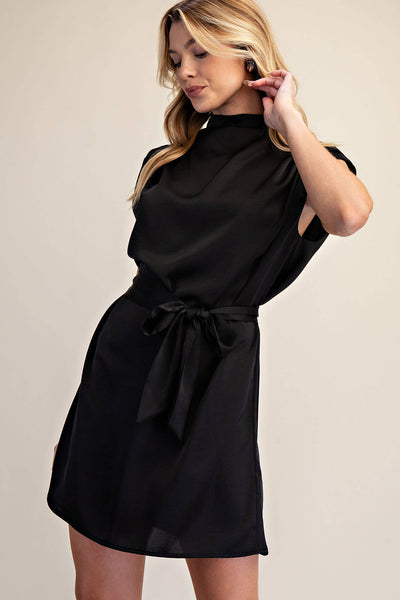 Mock Neck Waist Tie Sleeveless Mini Dress: Slate