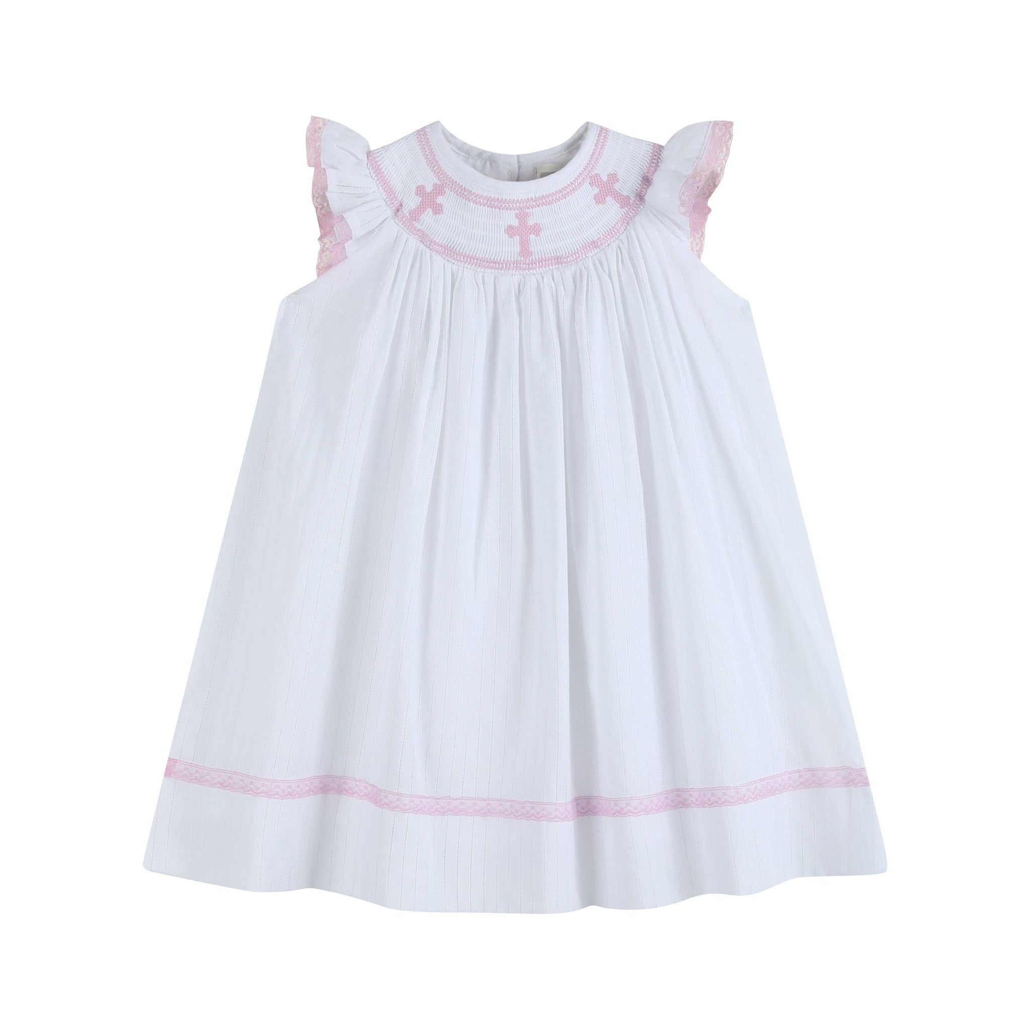 White and Pink Cross Smocked Bishop Dress: