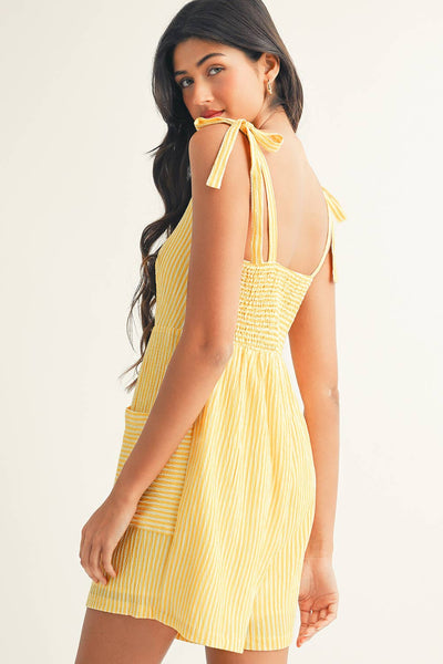 LDC Stripe Shoulder Tie Smocked Back Wide Leg Casual Romper: Yellow