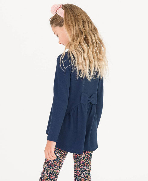 Girls Dark Navy Waffle Knit Long Sleeve Bow Back Top: Blue