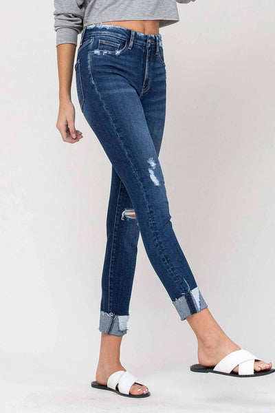 HIGH RISE DISTRESSED CUFFED CROP SKINNY JEANS V2173: ZEKE