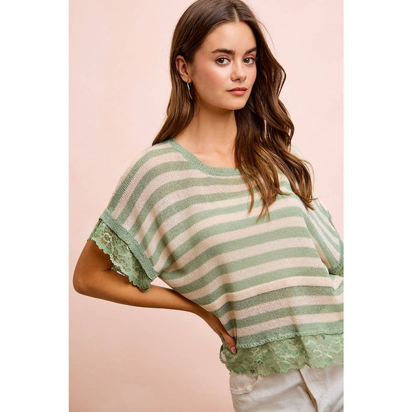 STRIPED CONTRAST LACE DETAIL LIGHTWEIGHT KNIT TOP: PALE BANANA / M
