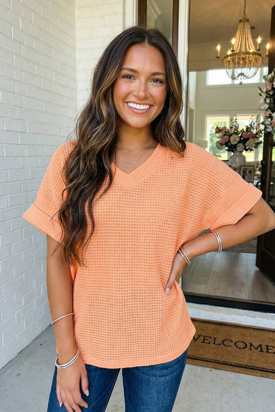 LAS Waffle V Neck Short Sleeve Knit Top Grapefruit Orange