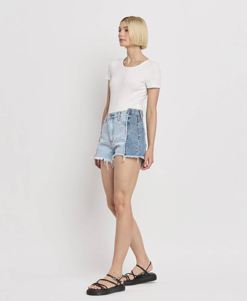 HIGH RISE TWO TONE PATCH DENIM SHORTS BY4330: FUTURESTIC