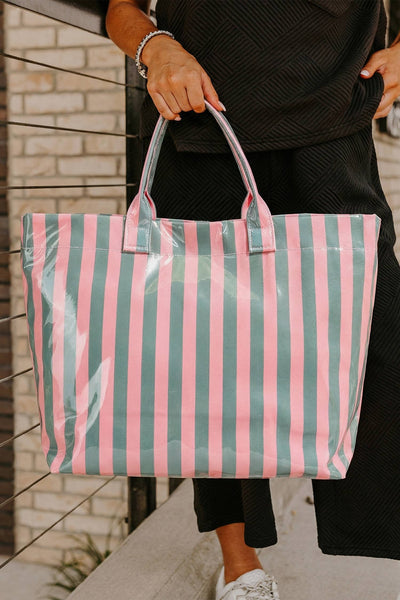 Glossy Striped Large Tote Bag: Green / One Size