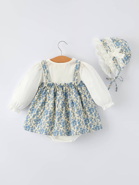 Blue Floral Baby Romper With Hat