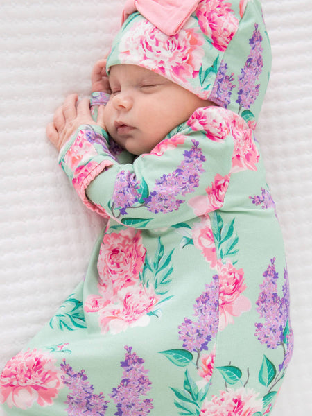 SoftSnooze™ Baby Girls Bamboo Viscose Sage Garden Ruffle Knotted Sleep Gown & Bow Hat Set: Green / Newborn-3m
