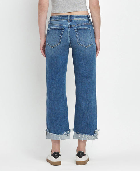 MID RISE RAW CUFFED HEM SLIM WIDE JEANS F5861: FOUR SEASON