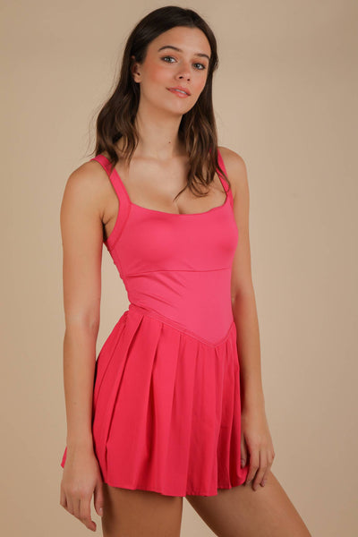 Pleated Skirt Activewear Dress W/ Under Shorts: HOT PINK