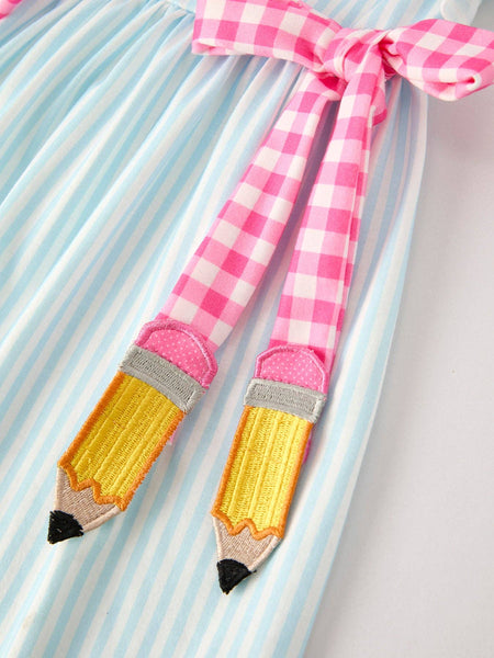 Back To School Girls Striped lapels Bow Dress: