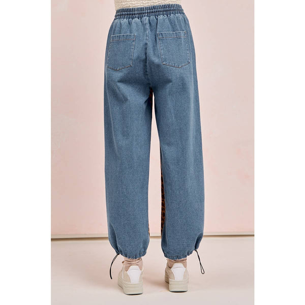 WASHED LEOPARD DENIM MIX AND MATCH JOGGER PANTS: LEOPARD/DENIM