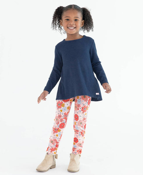 Girls Dark Navy Waffle Knit Long Sleeve Bow Back Top: Blue