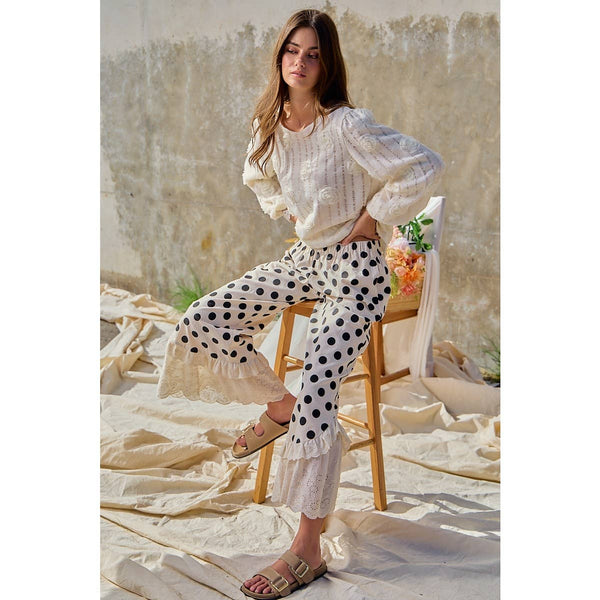 LINEN BLEND POLKA DOT PRINTED RUFFLE LACE HEM PANTS: CREAM/BLACK
