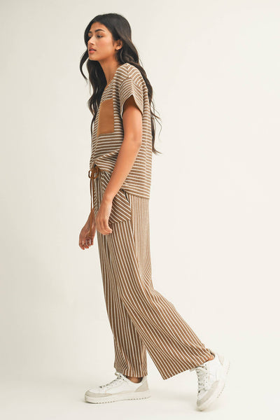 Striped Drawstring Waist Cropped Pants SetKhaki Stripe