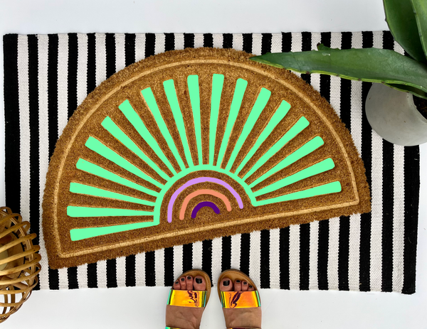 Spring Coir Doormat - Mint Boho Sun, size 18x30 Arch