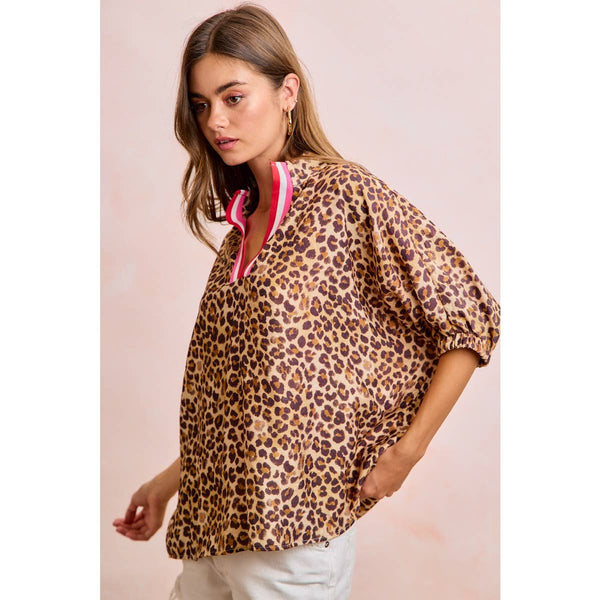 LEOPARD CONTRAST BANDED DOLMAN SLEEVES BLOUSE TOP: LEOPARD / S