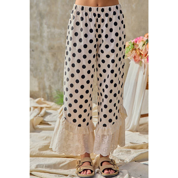 LINEN BLEND POLKA DOT PRINTED RUFFLE LACE HEM PANTS: CREAM/BLACK