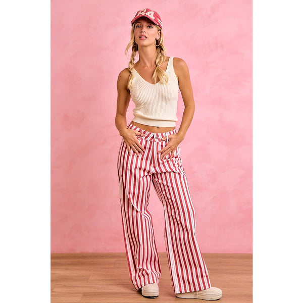 GAMEDAY THEME STRIPE HIGH RISE FLARE PANTS: RED