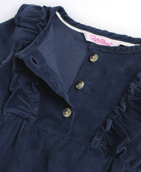 Baby Girls Dark Navy Stretch Corduroy Waterfall Bubble Romper: Blue / 0-3m