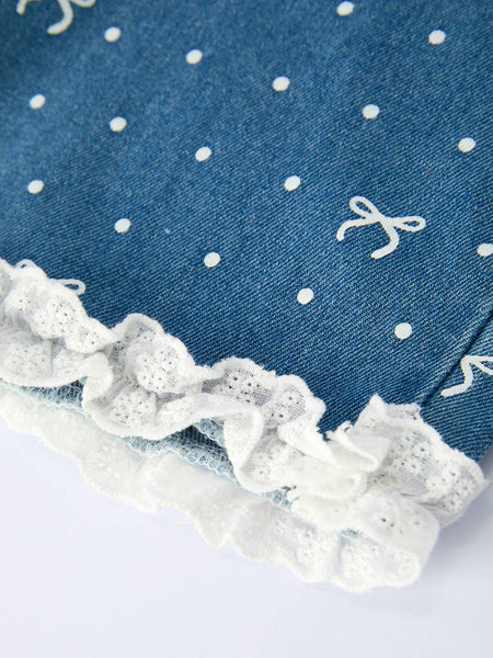 Spring Bow Dot Denim Ruffle Top and Pants Set