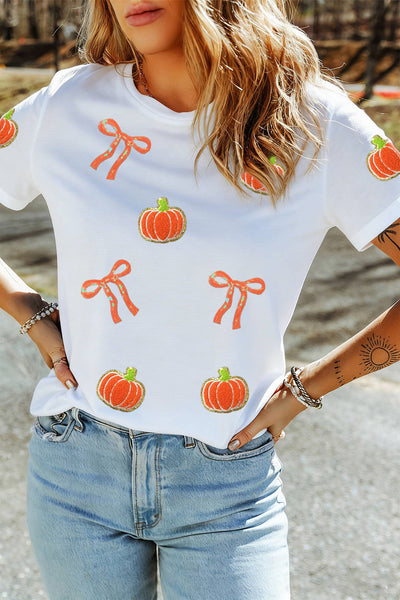 LDC Sequin Chenille Pumpkin Bow Pattern Casual Short T Shirt: White