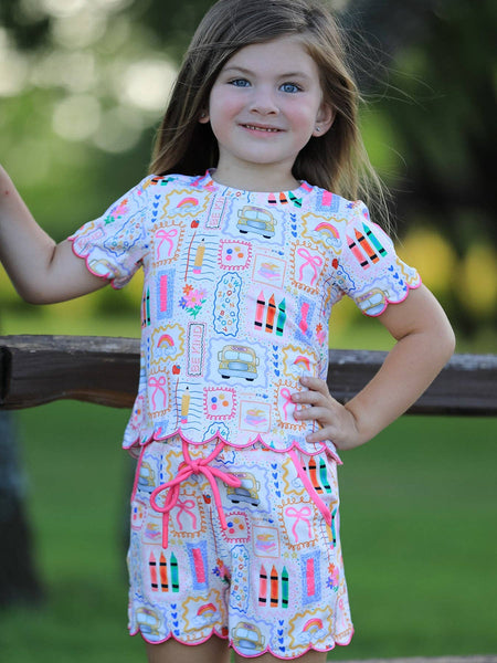 Back to School Print Girl Short Set Scallop Hem: