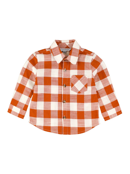 Boys Rust Plaid Long Sleeve Button Down Shirt: Orange