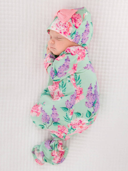 SoftSnooze™ Baby Girls Bamboo Viscose Sage Garden Ruffle Knotted Sleep Gown & Bow Hat Set: Green / Newborn-3m