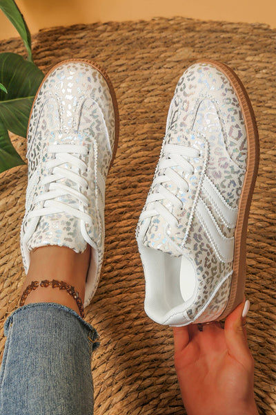 Leopard Printed Lace-up Sneakers White
