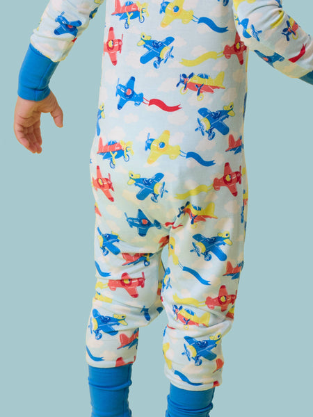 SoftSnooze™ Baby Bamboo Viscose Plane Parade Convertible One Piece Footie Pajama: Blue