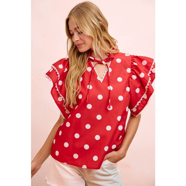 POLKA DOT PRINTED RUFFLE TRIM EDGE BLOUSE TOP: RED / S