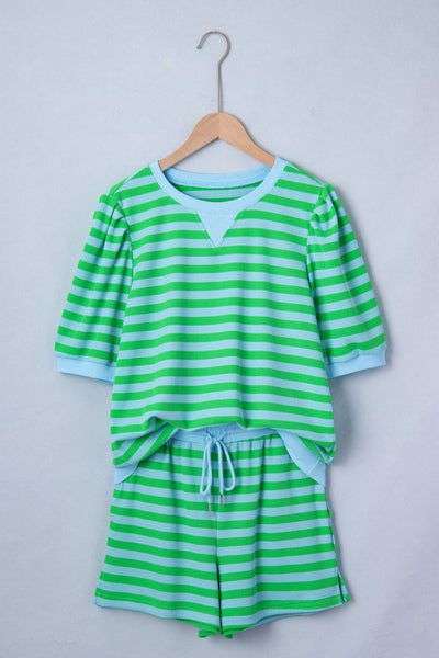 LDC Stripe Spring Puff Sleeve Shirt Matching Shorts SetGreen Stripe plus