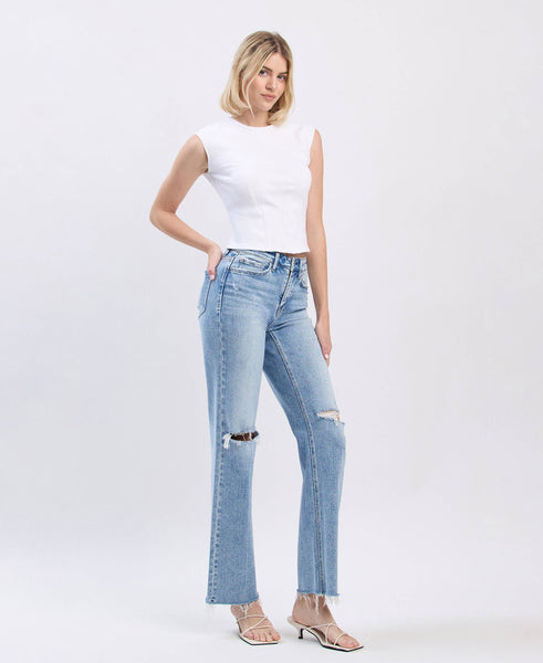 HIGH RISE DISTRESSED SLIM WIDE JEANS F6011: GLORIETTA