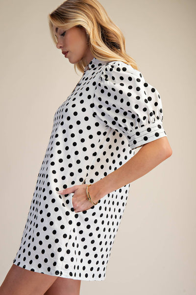 Ruffle V-Neck Puff Sleeve Polka Dot Mini Dress: white/black