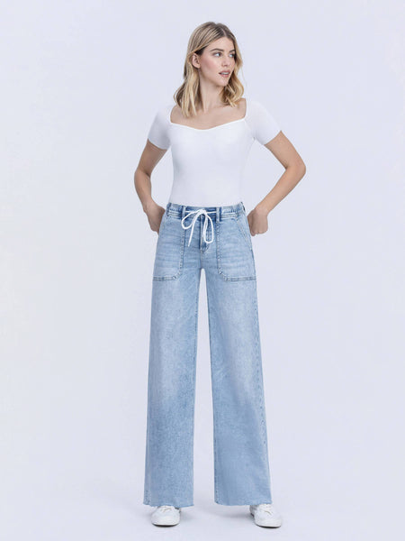 HIGH RISE DRAWSTRING WAISTBAND WIDE LEG JEANS F6065: CLEARLY