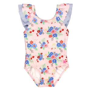 Coastal Breeze Floral Ruffle V-Back One Piece: Pink