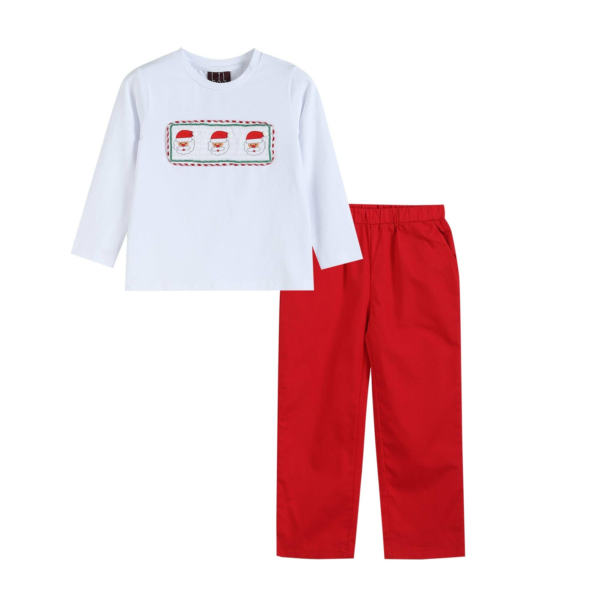 White Smocked Santa Long-Sleeve Tee & Red Pants: